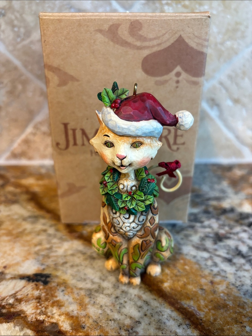 Vintage Jim Shore Cat Figurine with Red Santa Hat and Green Holly